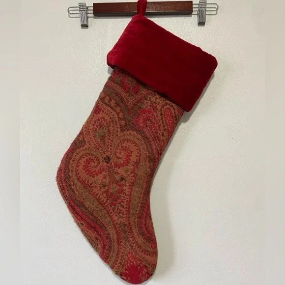 POTTERY BARN Elegant Christmas Stockings Red Paisley Jacquard Velvet